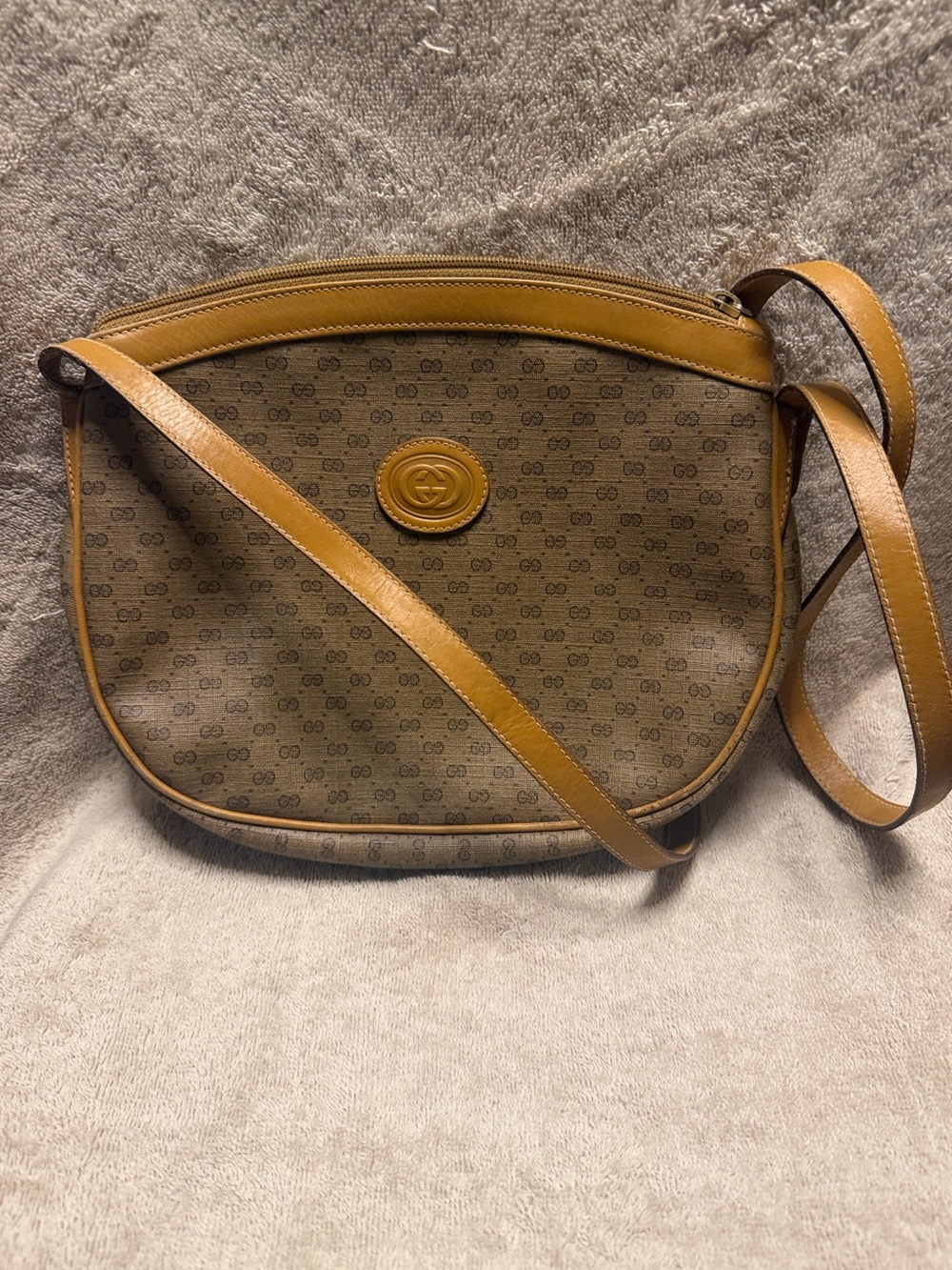 Gucci Brown Monogram Crossbody Bag with Tan Leather Trim